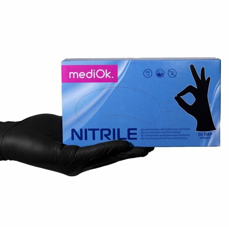 Перчатки нитриловые н/о MediOk Nitrile чёрные р-р M 50пар/уп (3,5г)