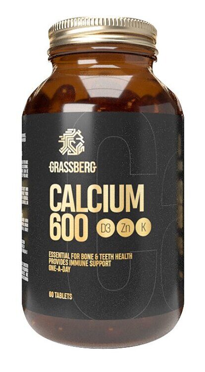 Биологически активная добавка к пище Calcium 600 + D3 + Zn с витамином K1, 90 таблеток Grassberg